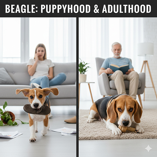 So sánh chó Beagle con hiếu động và Beagle trưởng thành điềm tĩnh trong cùng không gian sống