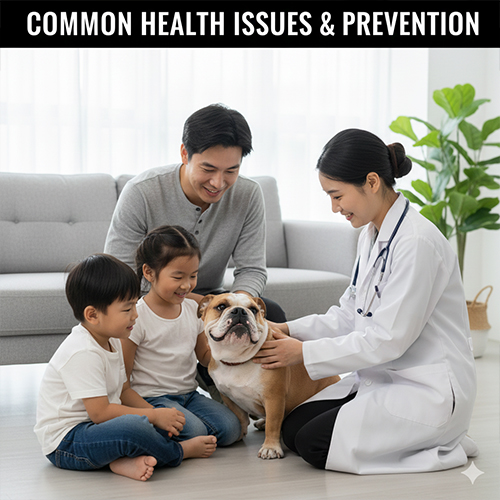 Bác sĩ thú y kiểm tra sức khỏe cho chó Bulldog Anh trong gia đình tại Việt Nam