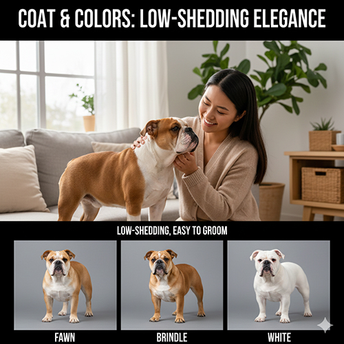 Bộ lông Bulldog Anh ngắn mịn ít rụng với nhiều màu phổ biến như fawn brindle và trắng