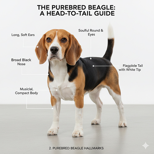 Sơ đồ nhận diện chó Beagle thuần chủng từ đầu đến đuôi với các đặc điểm tai dài, mắt tròn, đuôi chóp trắng và dáng săn chắc