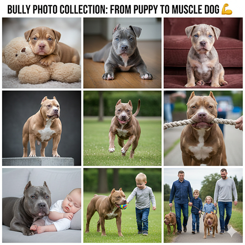 Bộ sưu tập hình ảnh chó Bully từ Bully con nhỏ dễ thương đến Bully trưởng thành cơ bắp, chụp trong nhiều bối cảnh đời thường và gia đình