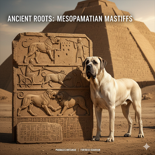 Chó Mastiff cổ đại bên phù điêu Lưỡng Hà, thể hiện nguồn gốc cổ xưa của dòng chó Ngao Anh