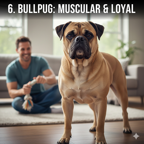 Hình ảnh chó Bull lai Pug với thân hình cơ bắp, đầu to và nét mặt xệ đặc trưng nhưng vẫn toát lên vẻ hiền lành