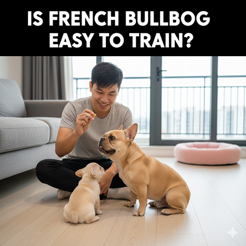 Chó Bull Pháp đang được chủ huấn luyện các lệnh cơ bản trong không gian căn hộ