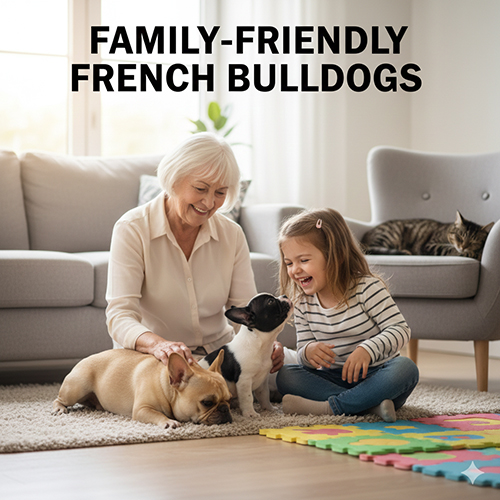 Bull Phap than thien gia dinh: ba gia va be gai choi voi cho French Bulldog trong phong khach