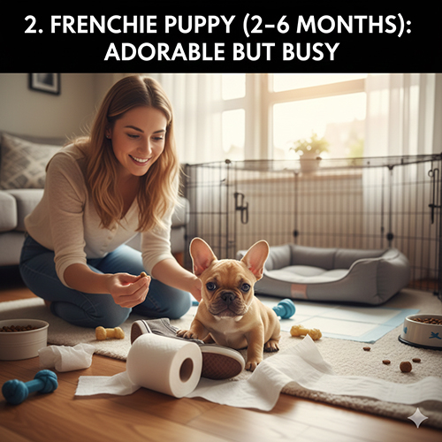 Chó Bull Pháp con 2–6 tháng tuổi chơi trong nhà với chủ, giai đoạn puppy hiếu động