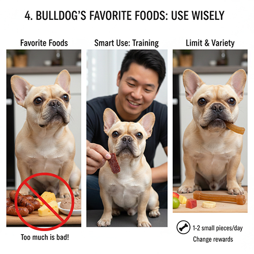 Ba hình minh họa Bull Pháp ăn món yêu thích, dùng làm thưởng và giới hạn lượng