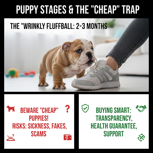 Bulldog con 2–3 tháng tuổi dễ thương nhưng tiềm ẩn bẫy mua “giá rẻ”