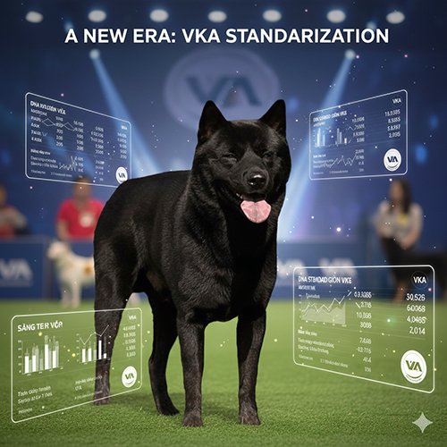 Ảnh chó Mông Cộc đen đứng trong không gian trình diễn, xung quanh là các bảng thông tin tiêu chuẩn VKA dạng đồ họa.