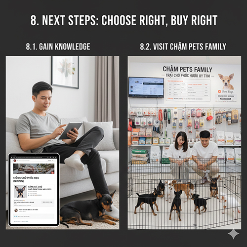 Gợi ý bước tiếp theo khi mua chó Phốc hươu: bổ sung kiến thức và ghé xem đàn cún thực tế tại Chạm Pets Family để chọn đúng bé và đúng nơi.
