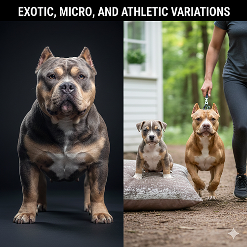 Các biến thể chó American Bully như Exotic, Micro và Athletic với ngoại hình khác biệt