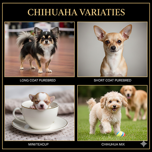 Các dòng Chihuahua phổ biến gồm thuần chủng lông dài, thuần chủng lông ngắn, Chihuahua mini/teacup và Chihuahua lai