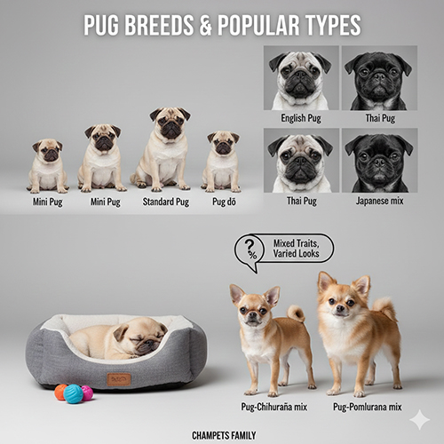 Các dòng chó Pug phổ biến – Pug tiêu chuẩn, Pug mini, Pug đồ và các biến thể theo nguồn gốc