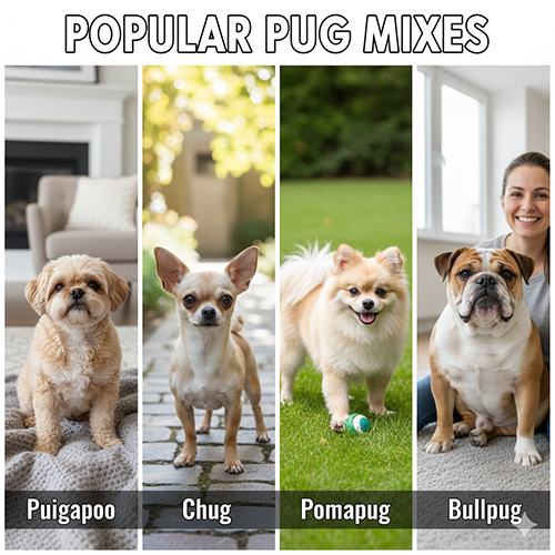 Hinh anh cac giong cho Pug lai pho bien nhu Pug lai Poodle Chihuahua Phoc Soc va Bull
