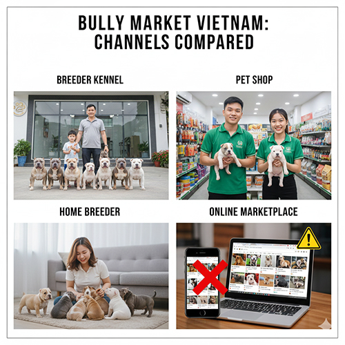 So sánh các kênh mua bán chó Bully tại Việt Nam gồm trại giống, pet shop, nhà nuôi đẻ và sàn rao vặt