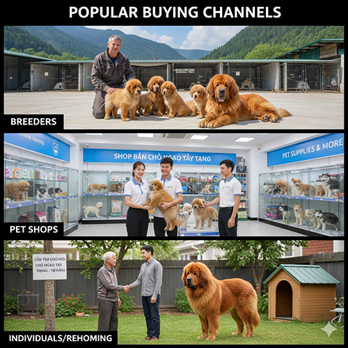 Các kênh mua bán chó Ngao Tây Tạng phổ biến tại Việt Nam gồm trại giống, pet shop và cá nhân