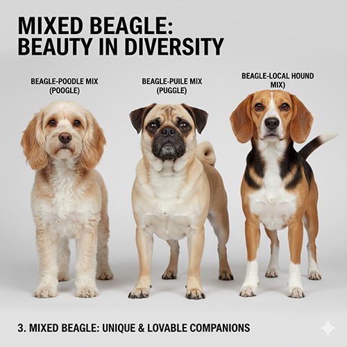Hình ảnh các kiểu chó Beagle lai phổ biến như Beagle lai Poodle, Beagle lai Pug và Beagle lai chó săn nội với ngoại hình khác nhau
