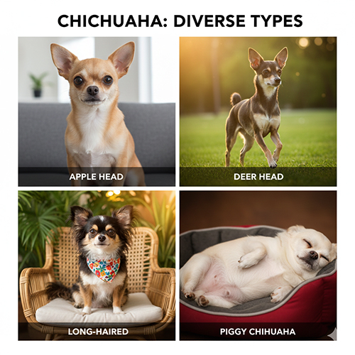 Các kiểu chó Chihuahua phổ biến gồm Chihuahua đầu táo, đầu nai, lông dài và Chihuahua heo lùn