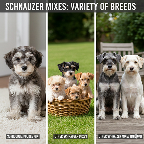 Các kiểu chó Schnauzer lai phổ biến gồm lai Poodle, lai giống nhỏ và lai size trung bình