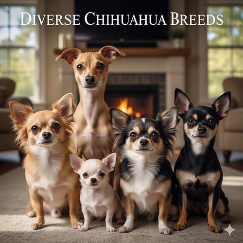Hình ảnh nhiều loại chó Chihuahua gồm đầu táo, đầu nai, mini, teacup, lông dài và lông ngắn trong không gian phòng khách