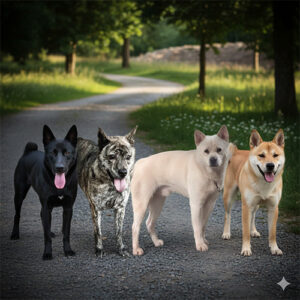 Các màu chó Mông Cộc phổ biến gồm đen, xám, trắng, đỏ, vàng và vện đứng trên đường mòn tự nhiên