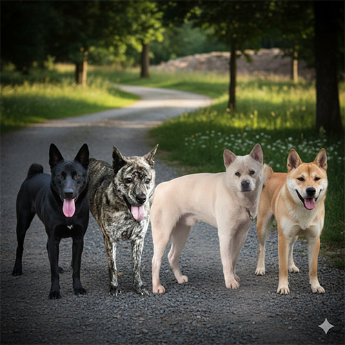 Các màu chó Mông Cộc phổ biến gồm đen, xám, trắng, đỏ, vàng và vện đứng trên đường mòn tự nhiên