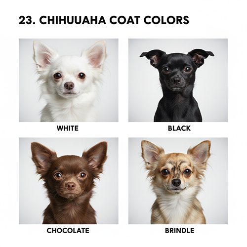 Các màu lông chó Chihuahua phổ biến như trắng, đen, chocolate và vện