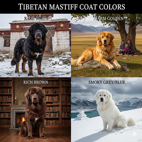 Các màu lông chó Ngao Tây Tạng phổ biến như đen, đỏ, vàng và xám khói