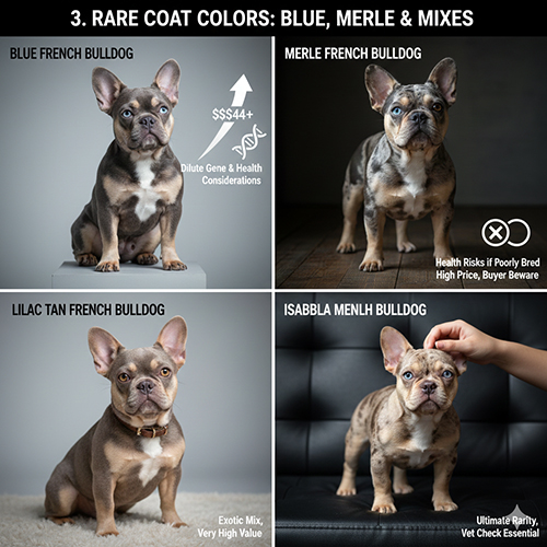 Các màu hiếm của chó Bull Pháp như blue, merle, lilac, isabella – đẹp, lạ mắt nhưng giá cao và cần chú ý sức khỏe