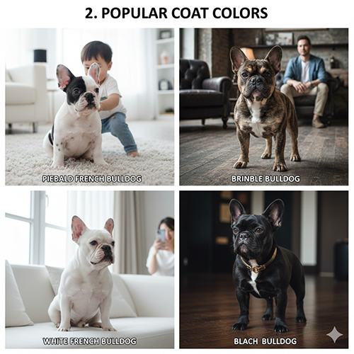 altCác màu lông phổ biến của chó Bull Pháp: bò sữa, vện, trắng và đen – nhóm màu dễ gặp và được ưa chuộng tại Việt Nam