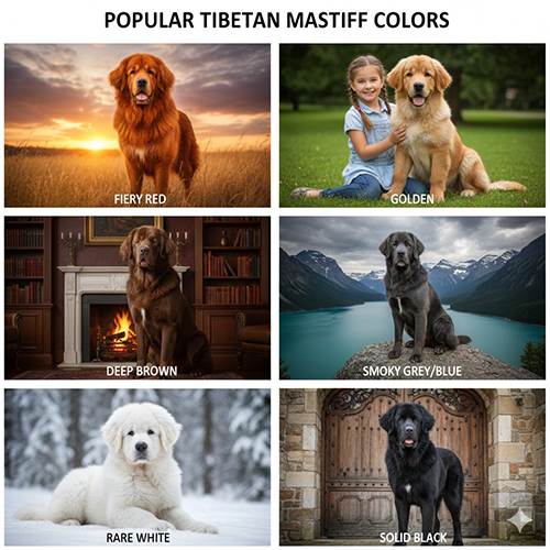 Các màu lông phổ biến của chó Ngao Tây Tạng gồm đỏ, vàng, nâu, xám khói, trắng và đen