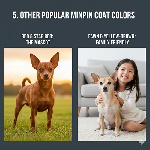 Hai chú chó Phốc hươu màu đỏ và vàng nâu, một bé dáng đứng ngoài trời và một bé chụp cùng trẻ nhỏ trong nhà