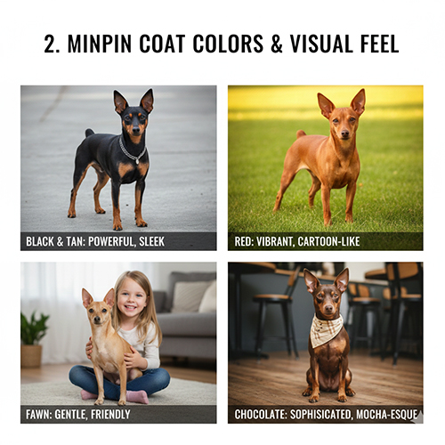 Bốn màu lông phổ biến của chó Phốc hươu gồm đen vàng cháy, đỏ, vàng và socola được minh họa bằng từng hình ảnh riêng để dễ so sánh cảm giác thị giác