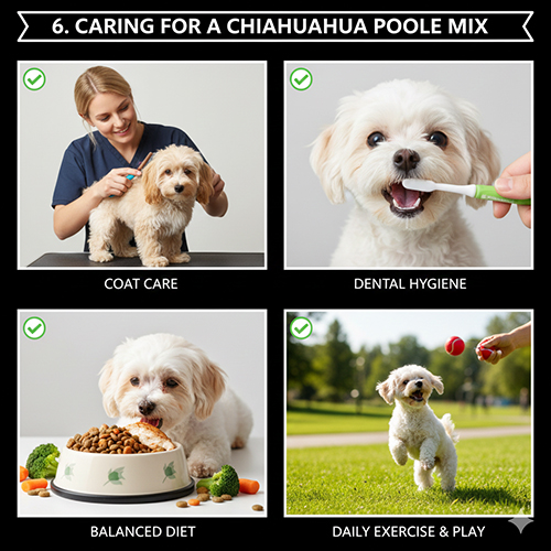 Bộ ảnh minh họa cách chăm Chihuahua lai Poodle: grooming lông, vệ sinh răng, chế độ ăn cân bằng và vận động hằng ngày.