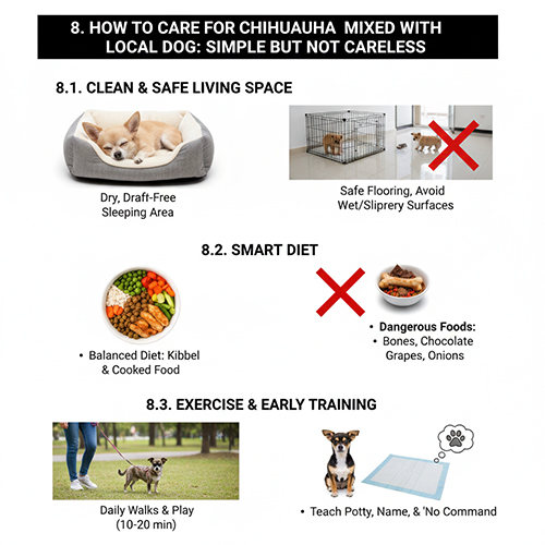 Cách chăm sóc chó Chihuahua lai chó cỏ với không gian sống, ăn uống và vận động