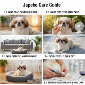 Hướng dẫn chăm sóc chó Bắc Kinh lai Nhật về lông, mắt, nếp gấp mặt và thói quen sinh hoạt trong nhà