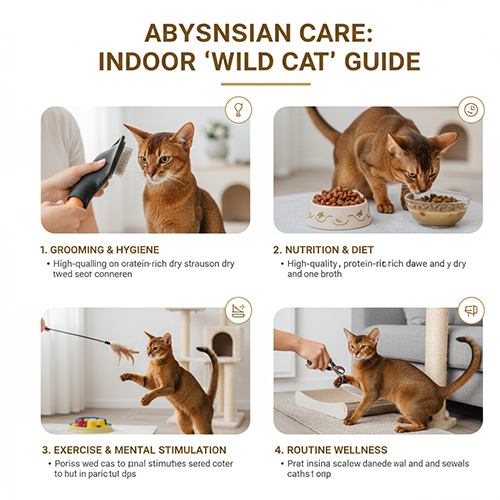 Hướng dẫn chăm sóc mèo Abyssinian với chải lông, ăn uống và vận động hằng ngày