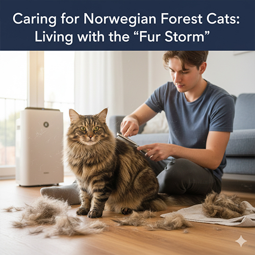 Chủ nuôi đang dùng lược chuyên dụng chải bộ lông dày cho mèo rừng Na Uy trong phòng khách có máy lọc không khí