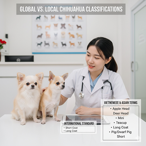 Hình ảnh bác sĩ thú y ngồi cùng hai chú Chihuahua để minh họa sự khác biệt giữa phân loại quốc tế và cách gọi tại Việt Nam