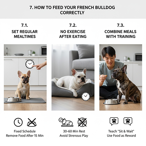 Hình minh họa cách cho Bull Pháp ăn đúng: giờ ăn cố định, nghỉ sau ăn và kết hợp huấn luyện