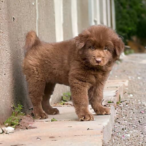 Chó Bắc Hà con lông xù màu nâu đứng nghiêng nhìn rõ thân hình và bộ lông