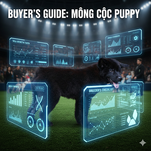 Ảnh chó Mông Cộc con đen trong sân show, bao quanh bởi các bảng checklist và dữ liệu giống dạng hologram.