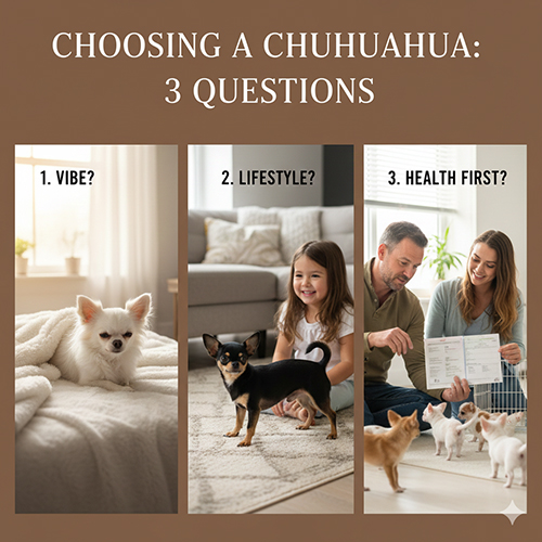Ba khung cảnh: Chihuahua trắng nằm trên giường, Chihuahua đen đứng cạnh bé gái và gia đình xem sổ tiêm cho đàn Chihuahua con – minh họa 3 câu hỏi cần cân nhắc khi chọn màu lông.