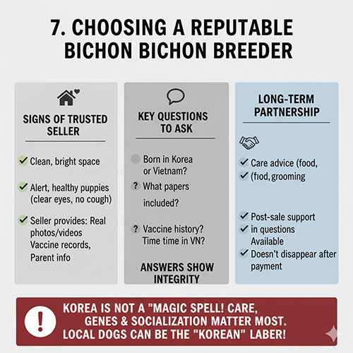 Infographic hướng dẫn chọn nơi mua Bichon Hàn Quốc uy tín: dấu hiệu người bán tốt, câu cần hỏi và tiêu chí đồng hành lâu dài