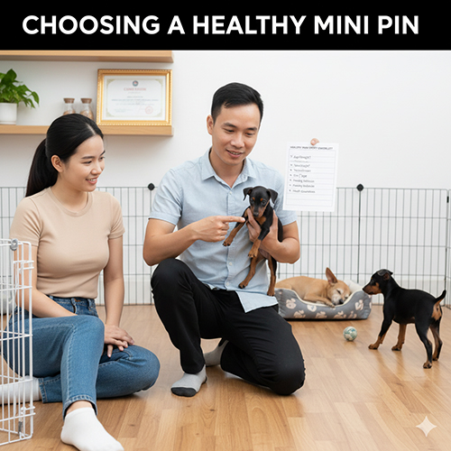 Người bán đang bế một bé Phốc hươu mini khỏe mạnh để giới thiệu cho khách, xung quanh có đàn chó con chơi đùa, thể hiện cách chọn bé năng động và có form dáng tốt.