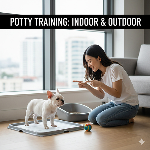 Chó Bull Pháp con đang được hướng dẫn đi vệ sinh đúng chỗ trên khay trong căn hộ