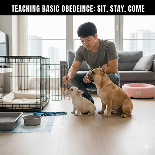 Chủ đang dạy hai bé Bull Pháp con các lệnh cơ bản như ngồi, lại đây và đợi trong phòng khách