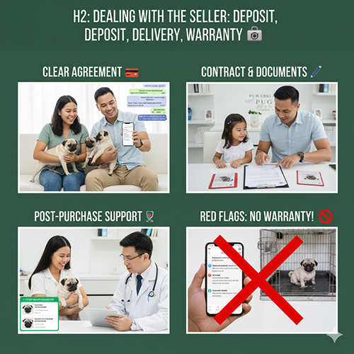 Cách làm việc với người bán chó Pug: thỏa thuận tiền cọc, giao chó, bảo hành và nhận diện nơi không bảo hành