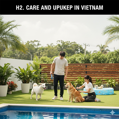 Gia đình chăm sóc chó Jindo Hàn Quốc trong không gian sân vườn thoáng mát tại Việt Nam