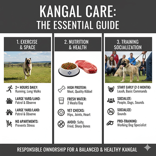 Hình minh họa hướng dẫn chăm sóc Kangal: vận động, dinh dưỡng, huấn luyện và xã hội hóa